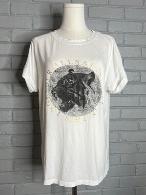 AllSaints Lia Imogen White Short-Sleeve Graphic Tiger Tee with Gold Lettering